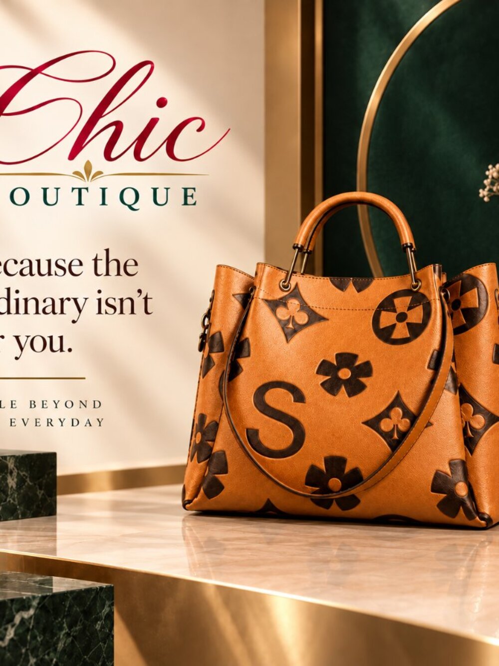 Caramel Floral & Monogram Tote Bag